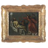 Scuola Veronese del XVII secolo, Cristo deposto con Angeli olio su lavagna, cm 25,5x30,5, in cornice