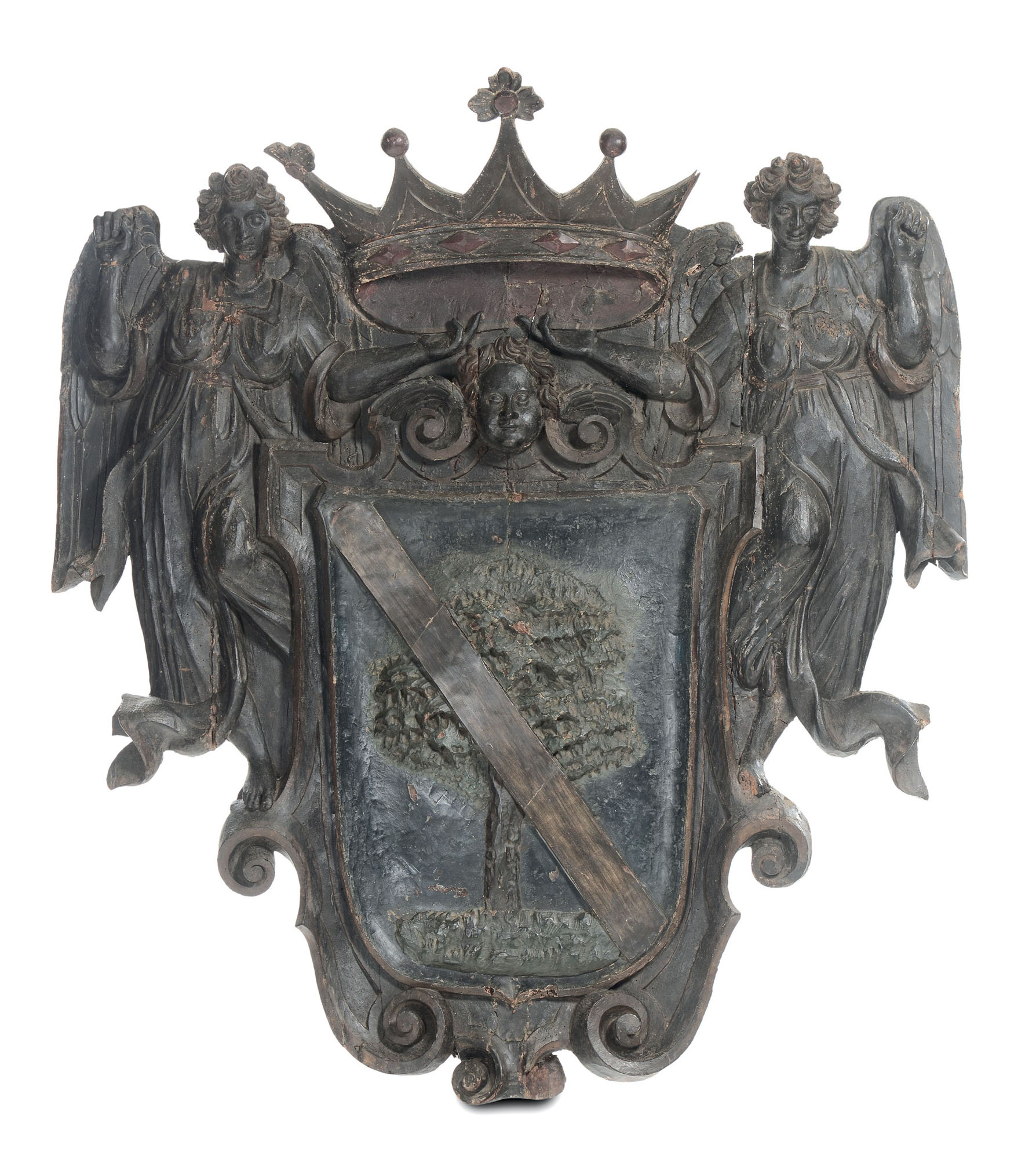 Grande stemma araldico del patriziato veneto in legno scolpito e dipinto. Veneto fine del XVI -