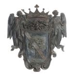 Grande stemma araldico del patriziato veneto in legno scolpito e dipinto. Veneto fine del XVI -