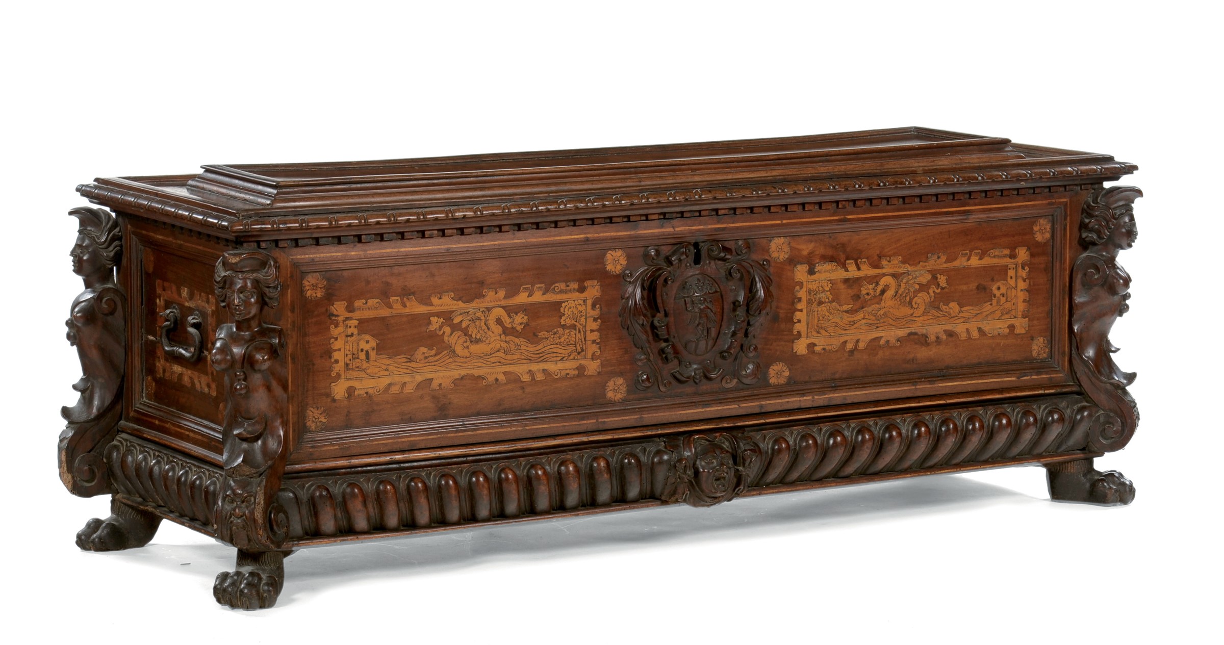 A walnut chest with maple wood marquetry and threads, central Italy, late 16th century cm