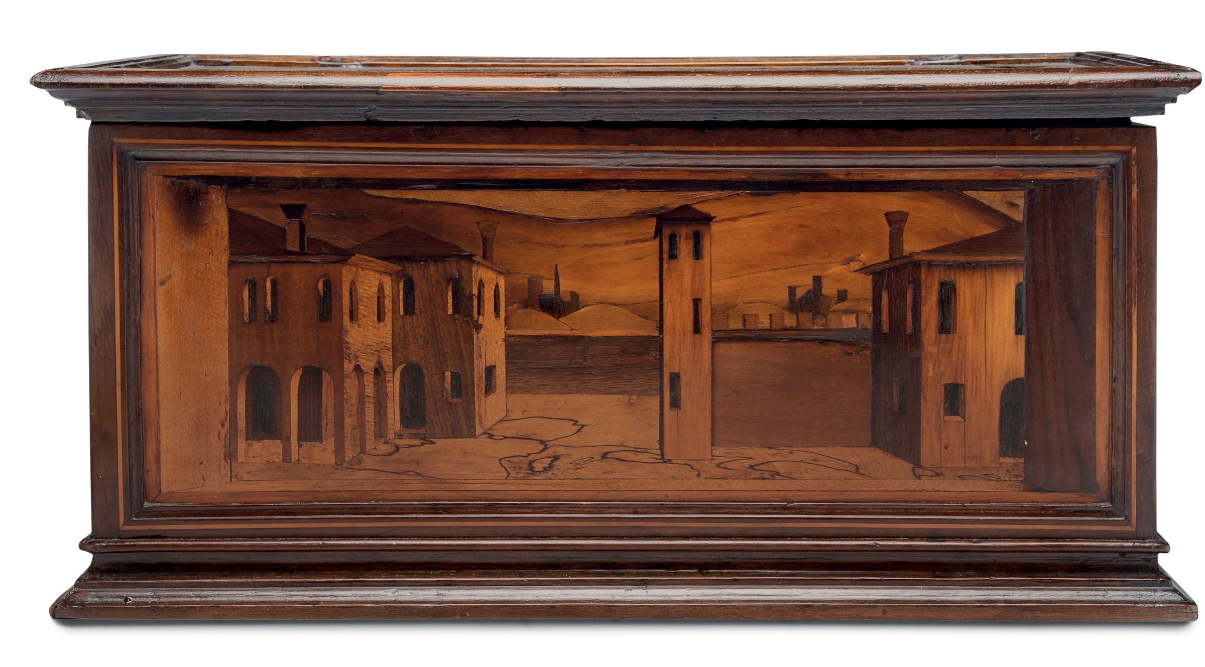 Cassina rettangolare in legno di noce intarsiata con varie essenze. Italia centrale, Emilia (?) - Image 3 of 3