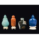 Four different snuff bottles: one turquoise, one coral, one agate and one lapis lazuli China, Qing