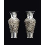 A pair of silver vases with naturalistic decoration and inscriptions, China, Qing Dynasty, 19th