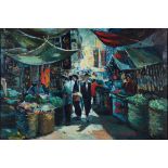 Oil on canvas depicting figures in a market, China, 20th century firma in basso a sinistra cm 51x76