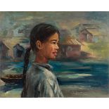 Oil on canvas depicting litlle girl, China, 20th century firma in baso a sinistra cm 60x75,5