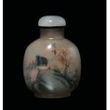 A glass snuff bottle with white jade stopper depicting landscape and Qian Feng's signature, China,