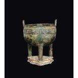 A bronze tripod nielloed silver censer with mark inside, handles and taotie mask decoration,