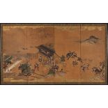 A painting on paper depicting battle scenes, Japan, 18th century cm 118x206