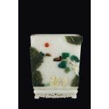 A white jade brushpot with semi-precious stones inlays depicting children and bat, China, Qing
