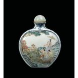 A porcelain snuff bottle with figures, China, Qing Dynasty, 19th century apocryphal Qianlong mark