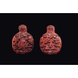 Two red lacquer snuff bottles with figures in relief, China, Qing Dynasty, 18th century cm 8