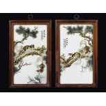 Four polychrome enamelled porcelain plaques depicting squirelles with inscriptions, China, Republic,