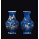 A pair of blue-ground porcelain hexagonal based vases with gilt decorations, China, Qing Dynasty,