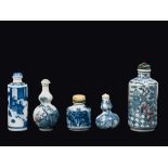 Five blue and white porcelain snuff bottles, some with iron red decorations, China, Qing Dynasty,