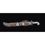 A dagger with handle and scappard with white jade and semi-precious stone inlays, China, Qing