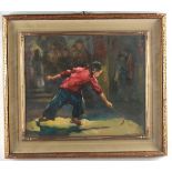 Oil on canvas depicting playing girl, China, 20th century firmato in basso a destra cm 50x60