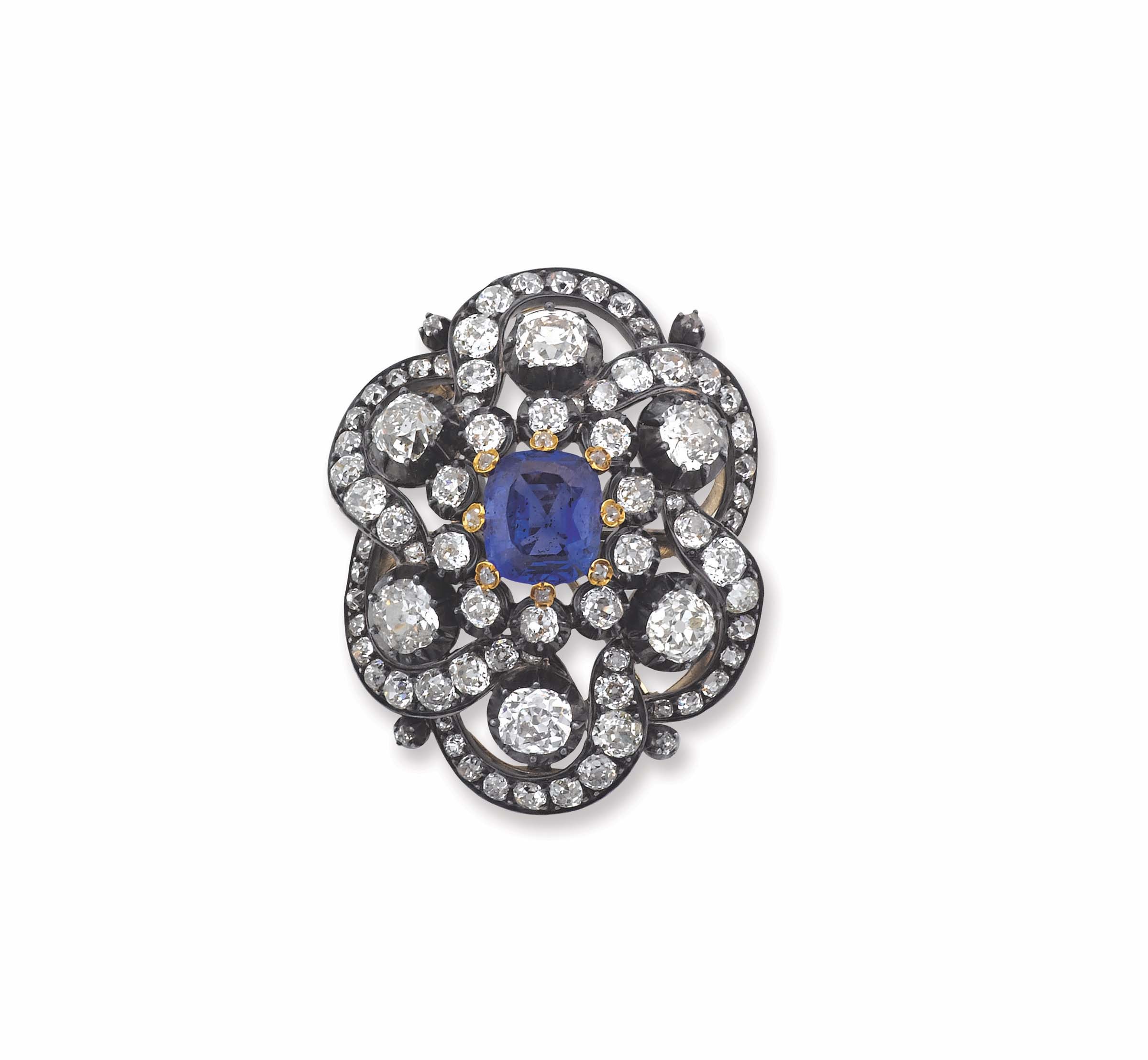 A sapphire, diamond and silver brooch montatura in argento. XIX secolo