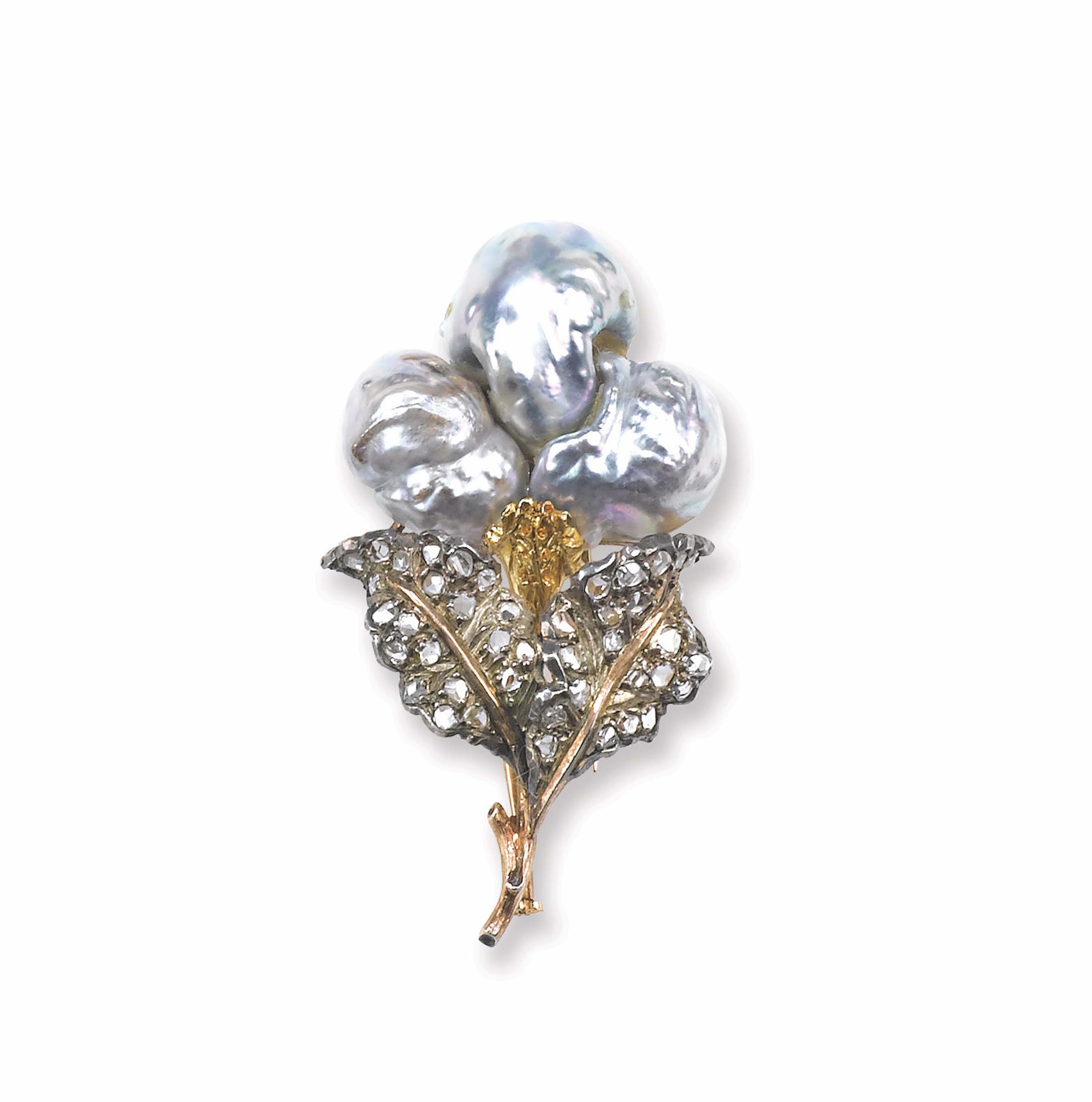 A pearl, gold and silver brooch. Buccellati montatura in oro ed argento con rosette di diamante