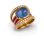 A cabochon - cut sapphire, diamond and ruby ring montatura in oro giallo 750/1000