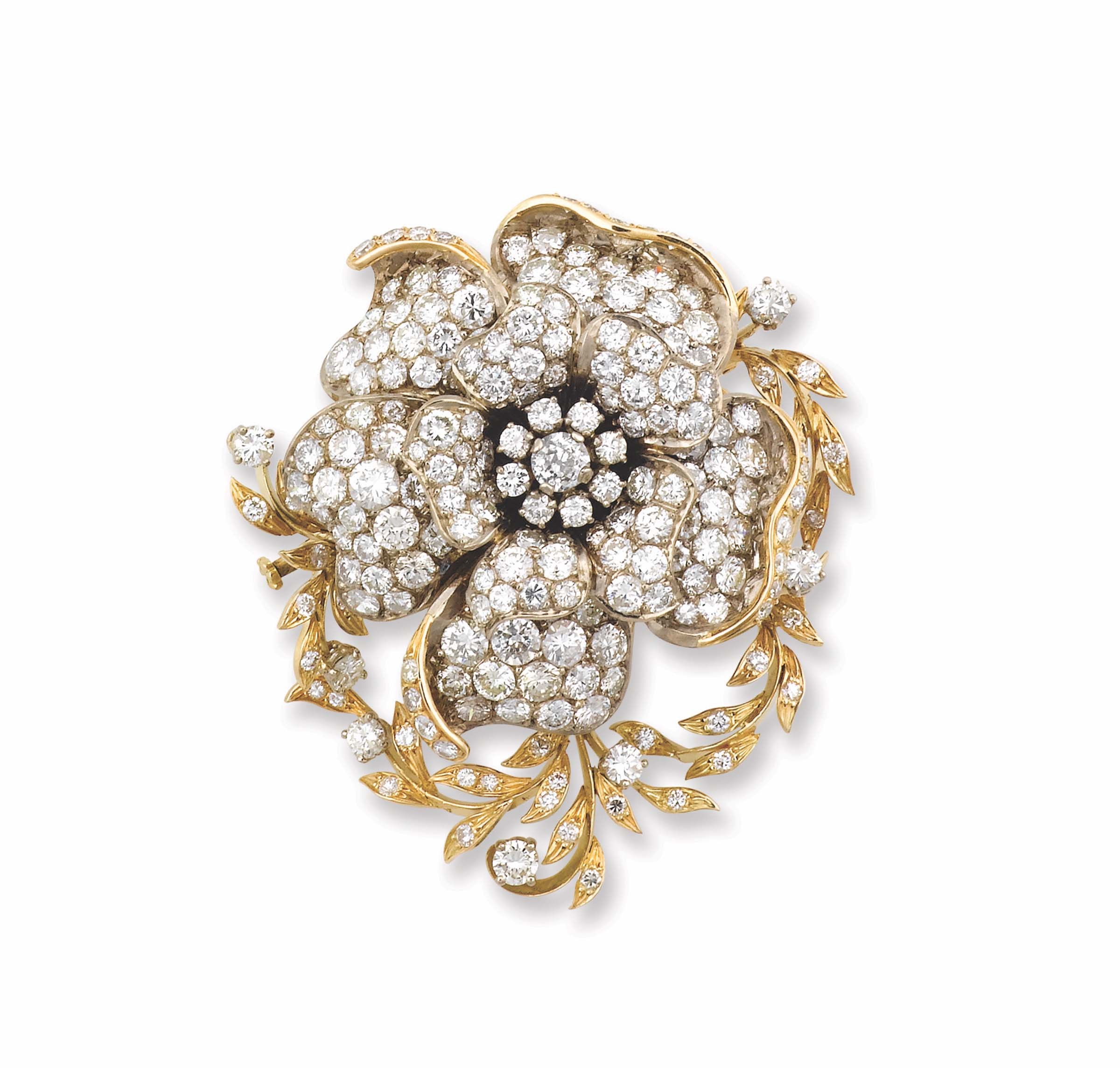 A diamond and gold "en tremblant" brooch montatura in oro giallo ed oro bianco 750/1000. XIX secolo,