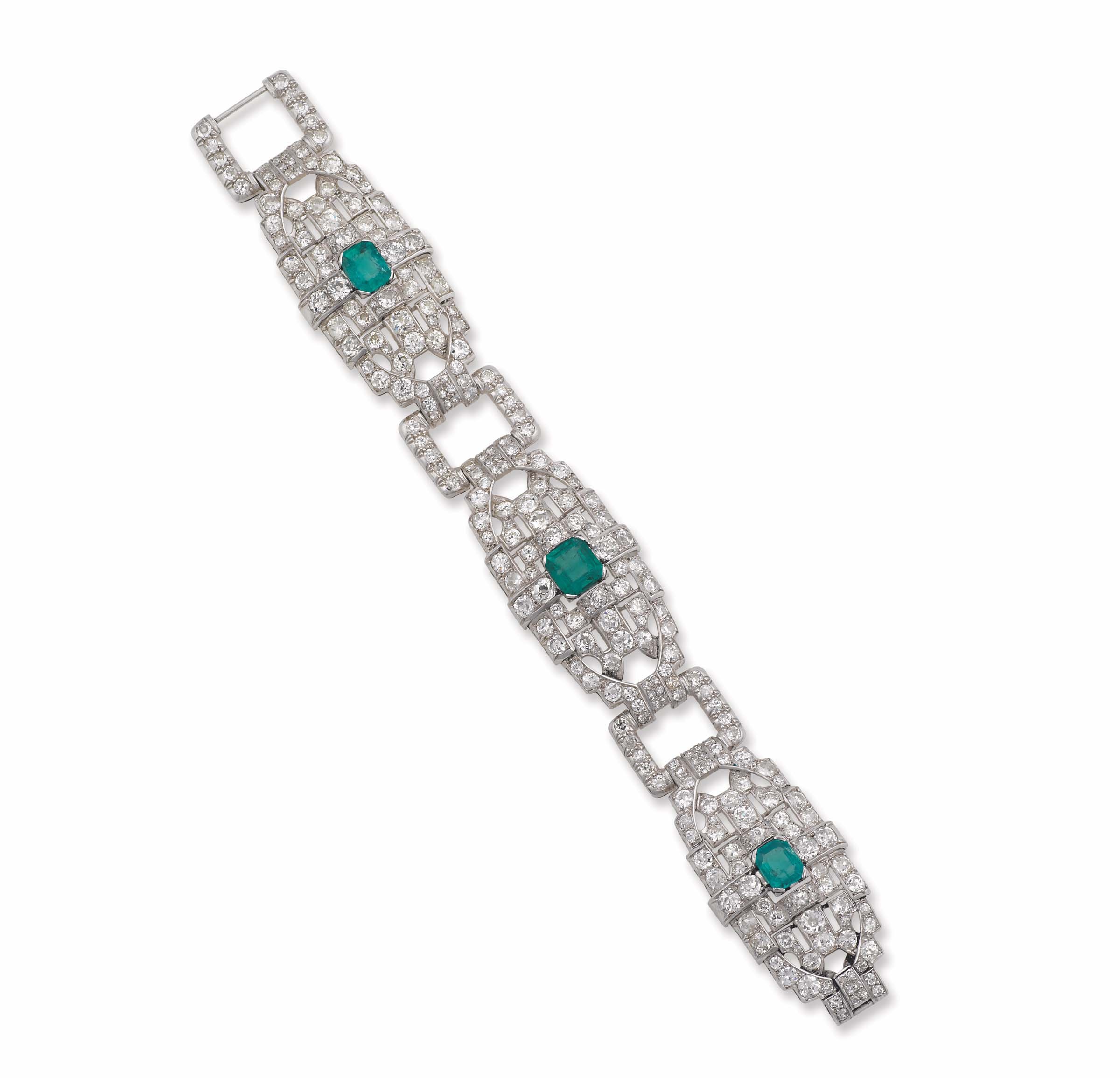 An Art Deco emerald, diamond and platinum bracelet montatura in platino