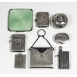 A George V silver and green enamel square compact with engine turned ornament, 2.75ins square, by