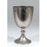 An Indian silvery metal prize cup, the whole engraved with fox hunt, birds, floral and leaf scroll