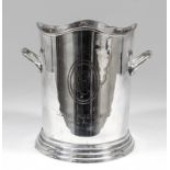 A Louis Roederer plated two-handled champagne bucket, 9ins high, engraved with the monogram "L.R."