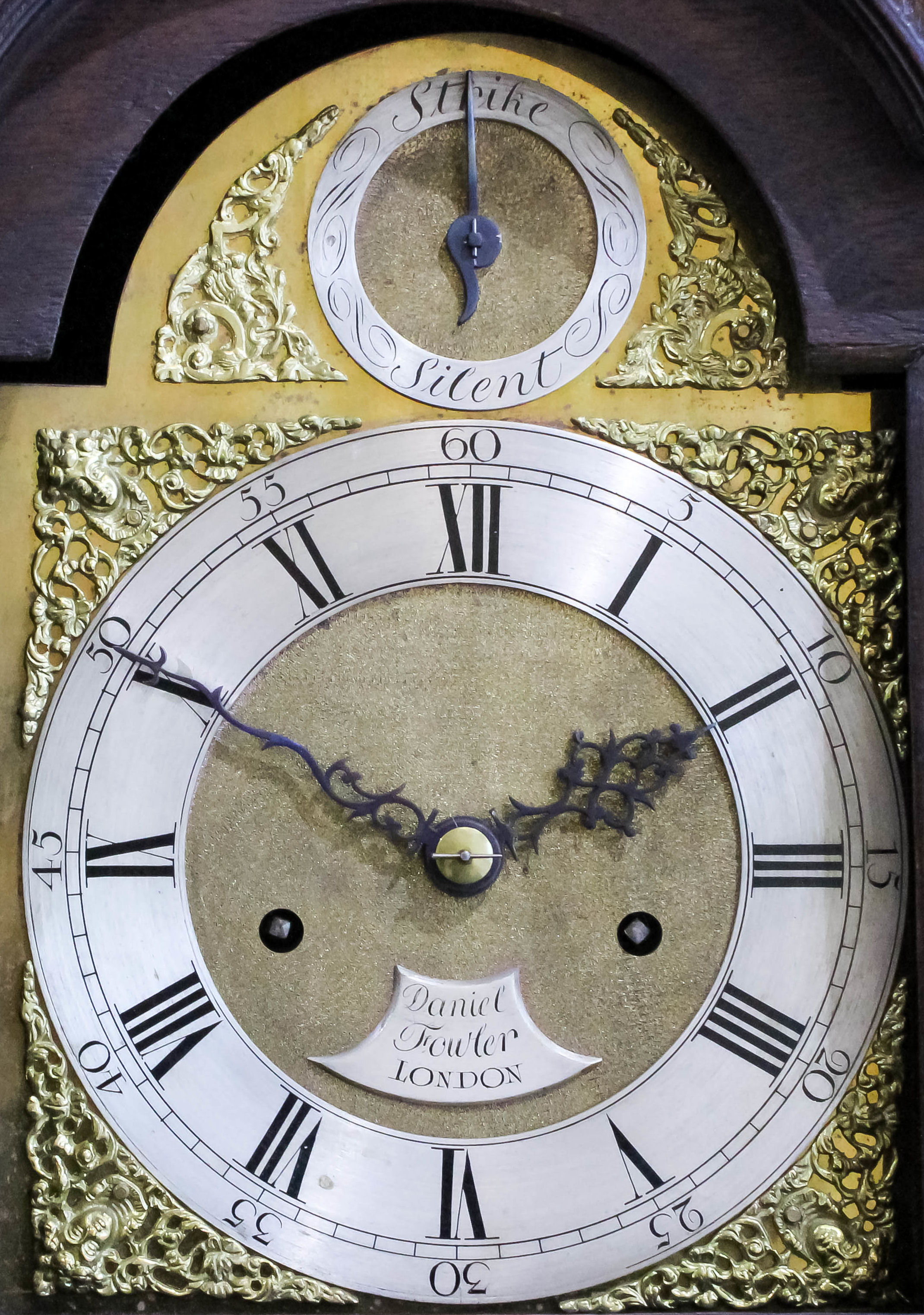 An oak longcase clock of small proportions by Daniel Fowler of London, the 8ins arched brass dial - Image 2 of 2