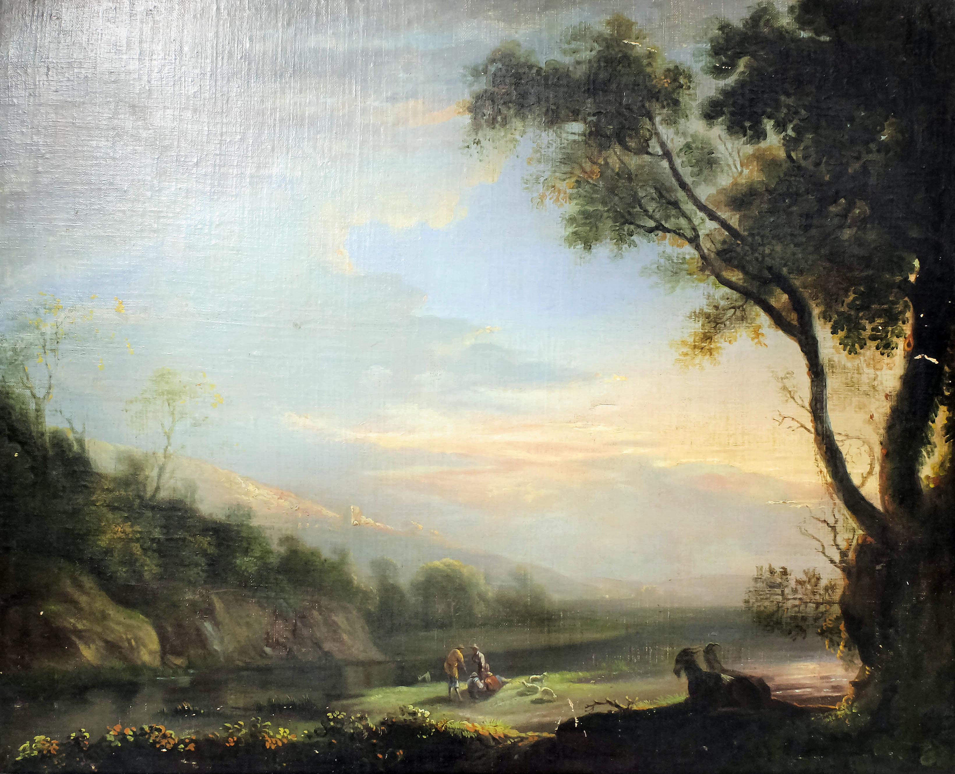 18th/19th Century Continental School - Oil painting - Romantic river landscape with shepherds and