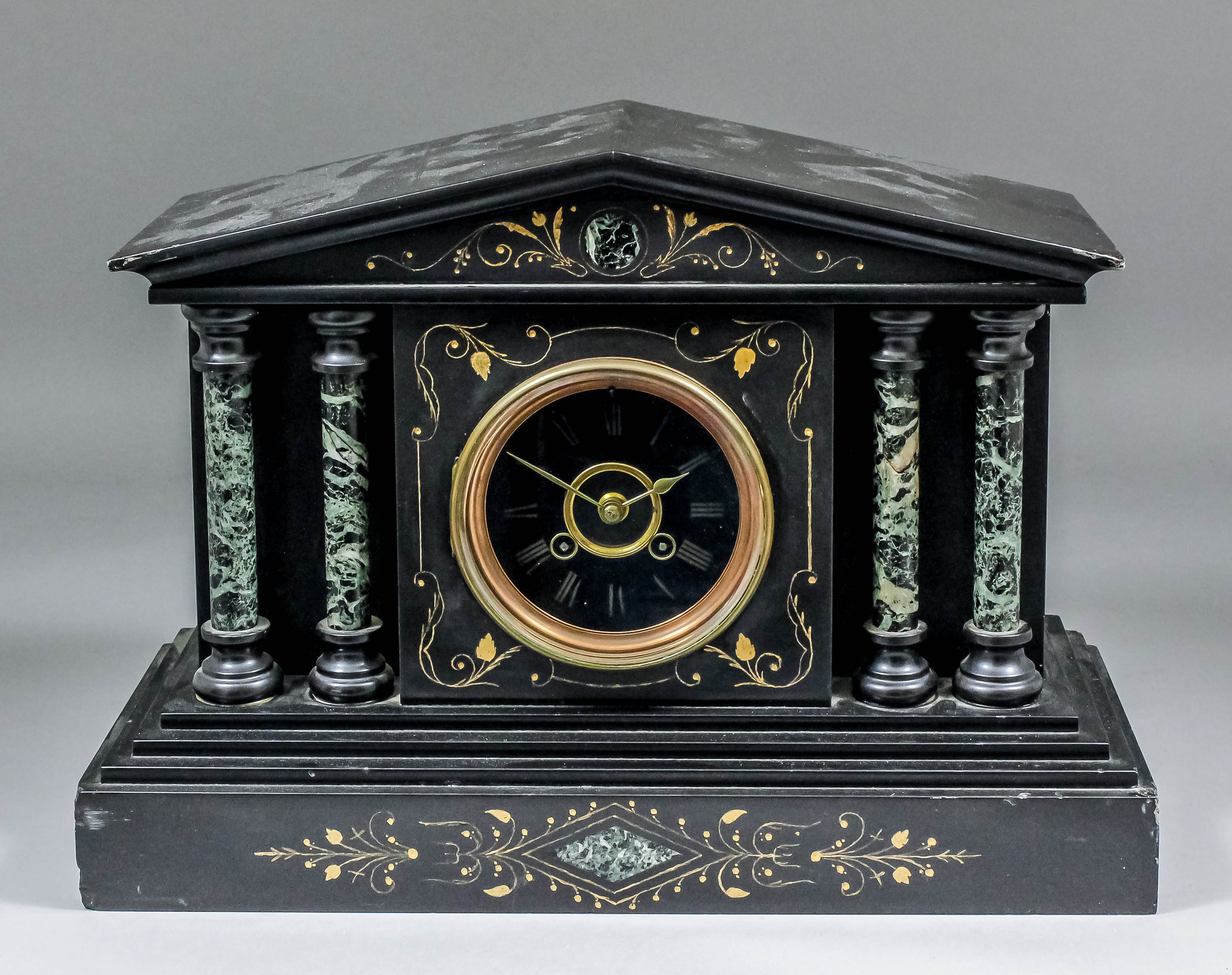 A late 19th Century French black slate cased mantel clock by Japy Freres & Cie, the 3.75ins diameter