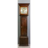 A late 18th Century "North Country" oak longcase clock, the 12ins square brass dial with replacement