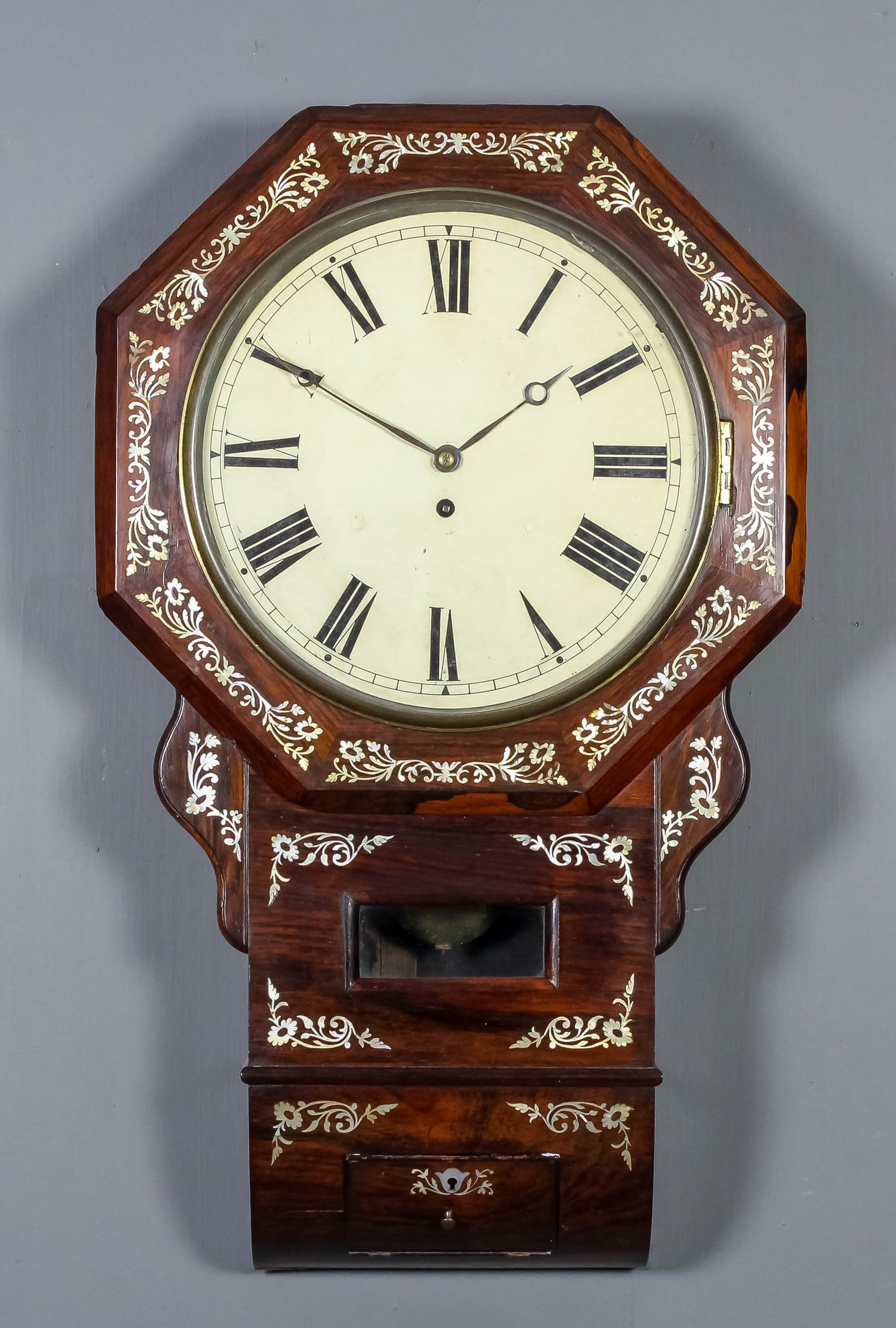 An early Victorian rosewood cased drop dial wall clock, the 12ins diameter painted metal dial with