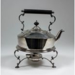 An Edward VII plain silver circular tea kettle and stand with spirit lamp, the plain squat