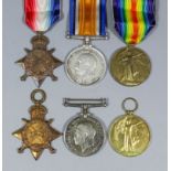 Two groups of three George V First World War medals, comprising of 1914-15 Stars, British War Medals