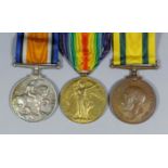 A group of three George V First World War medals comprising, British War Medal, Victory Medal, and