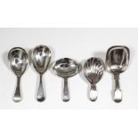 Two George III silver caddy spoons, each with oval bowls and engraved handles, one with engraved