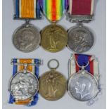 Two groups of three George V First World War medals comprising, British War Medal, Victory Medal,