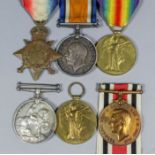 Two groups of three George V First World War medals comprising, 1914-15 Star, British War Medal, and