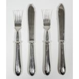 A set of six Elizabeth II silver fish knives and six fish forks with plain silver blades and plain