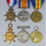 Two groups of three George V First World War medals comprising, 1914-15 Stars, British War Medals,