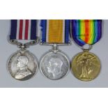 A group of three George V First World War medals comprising, Military Medal, British War Medal,