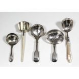 Three George III silver caddy spoons - with plain circular bowl and bead mounts to handle, by George