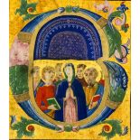 A 14th Century historiated initial, painted in colours with the Virgin Mary and standing figures, on