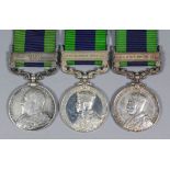 Three India General Service Medals, 2 x George V, "North-West Frontier and "Waziristan", 1 x