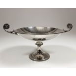 A George V silver circular two-handled tazza of Neo-classical design with tongue mounts to rim,