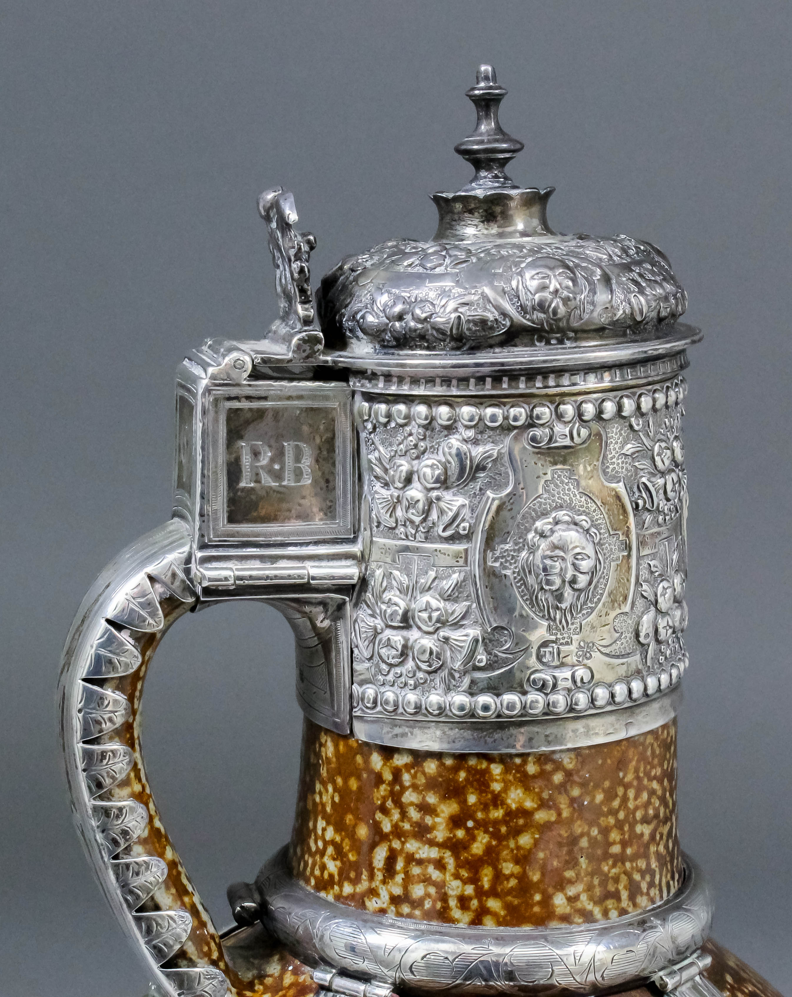 An important Elizabeth I silver mounted "Tiger Ware" stoneware jug (circa 1570), the neck mounts - Image 3 of 3