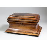 A William IV rosewood two division tea caddy of sarcophagus shape with incurved sides, 16.25ins wide