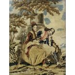 A Victorian needlework panel worked in coloured wools of a young man and a woman beside a pillar