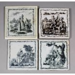 Four 18th Century English Sadler & Green Delft tiles transfer printed in black with figures in